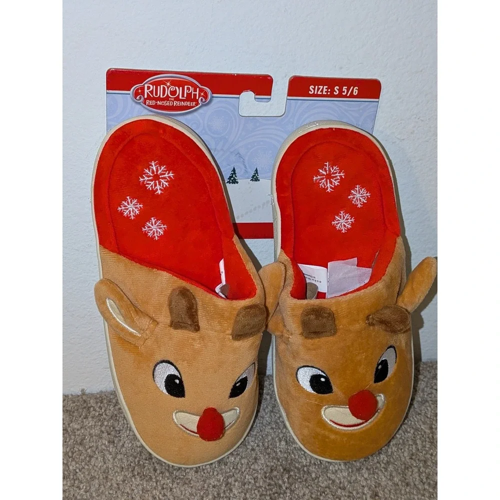 Rudolph the Red Nosed Reindeer Slippers Size S-‎ 5/6 Plush Holiday Christmas NWT